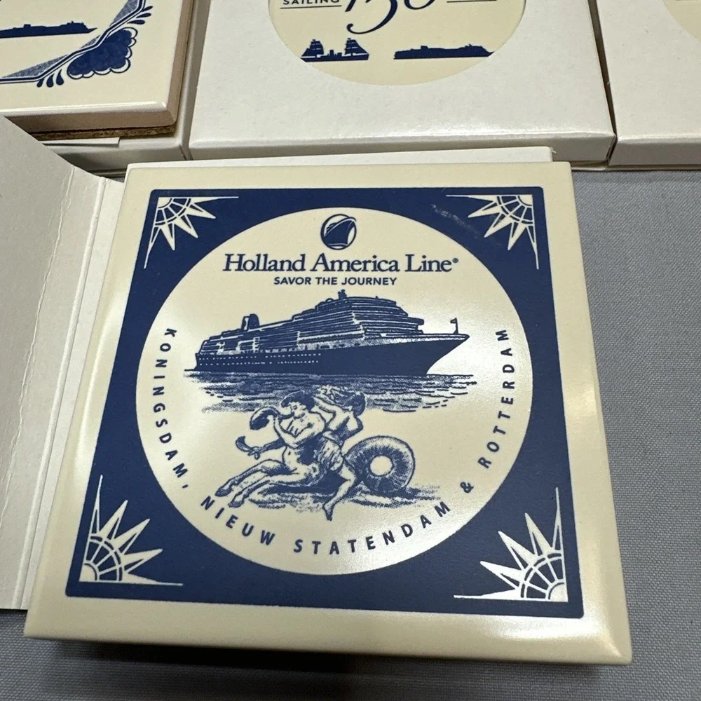 Lot of 8 Holland America Line Delft Blue Ceramic Tile Coasters Cork #4